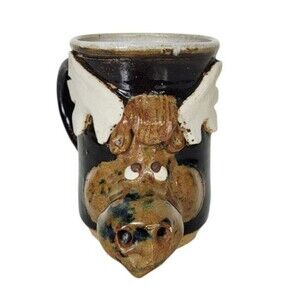 Vintage 80s Stoneware Studio Art Pottery 3D Moose Coffee Mug Cup Signed